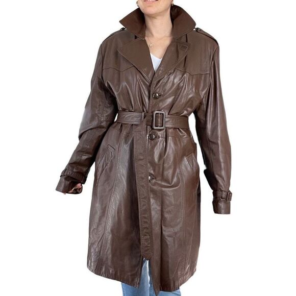 Vintage 70s Groovy Brown Leather Belt Duster Trench Coat Jacket Women Size Large - Picture 1 of 11